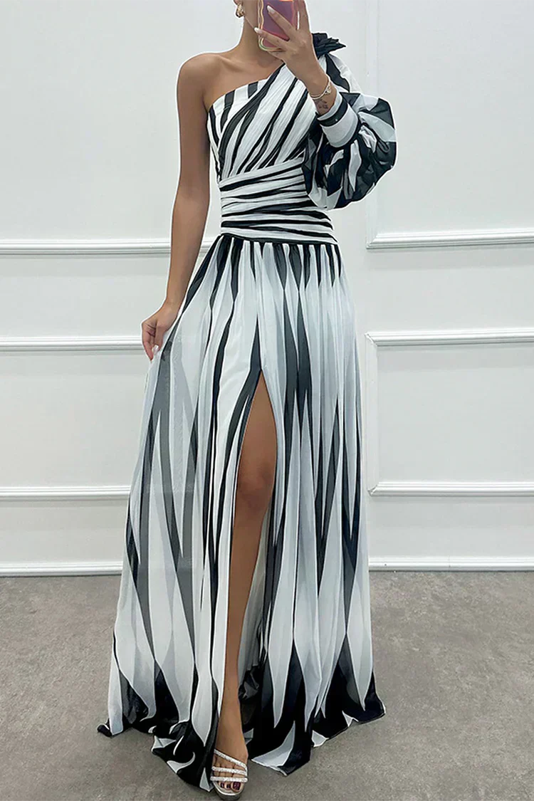 ARVELYNE™ | Elegant Striped Maxi Dress with One Shoulder