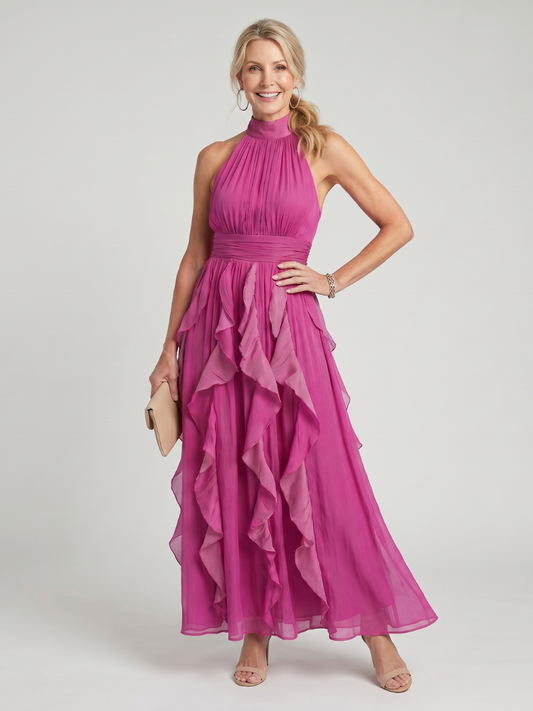 Orea™ High Neck Gathered Ruffle Layers Maxi Dress