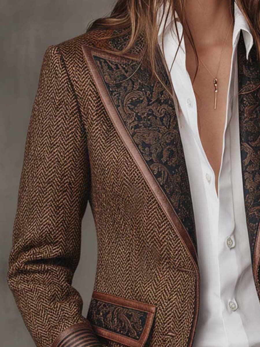 Women's Herringbone Blazer with Printed Panels