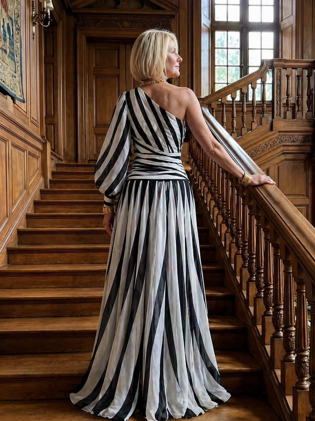 Ellis & Johnson™ | Elegant Striped Maxi Dress with One Shoulder