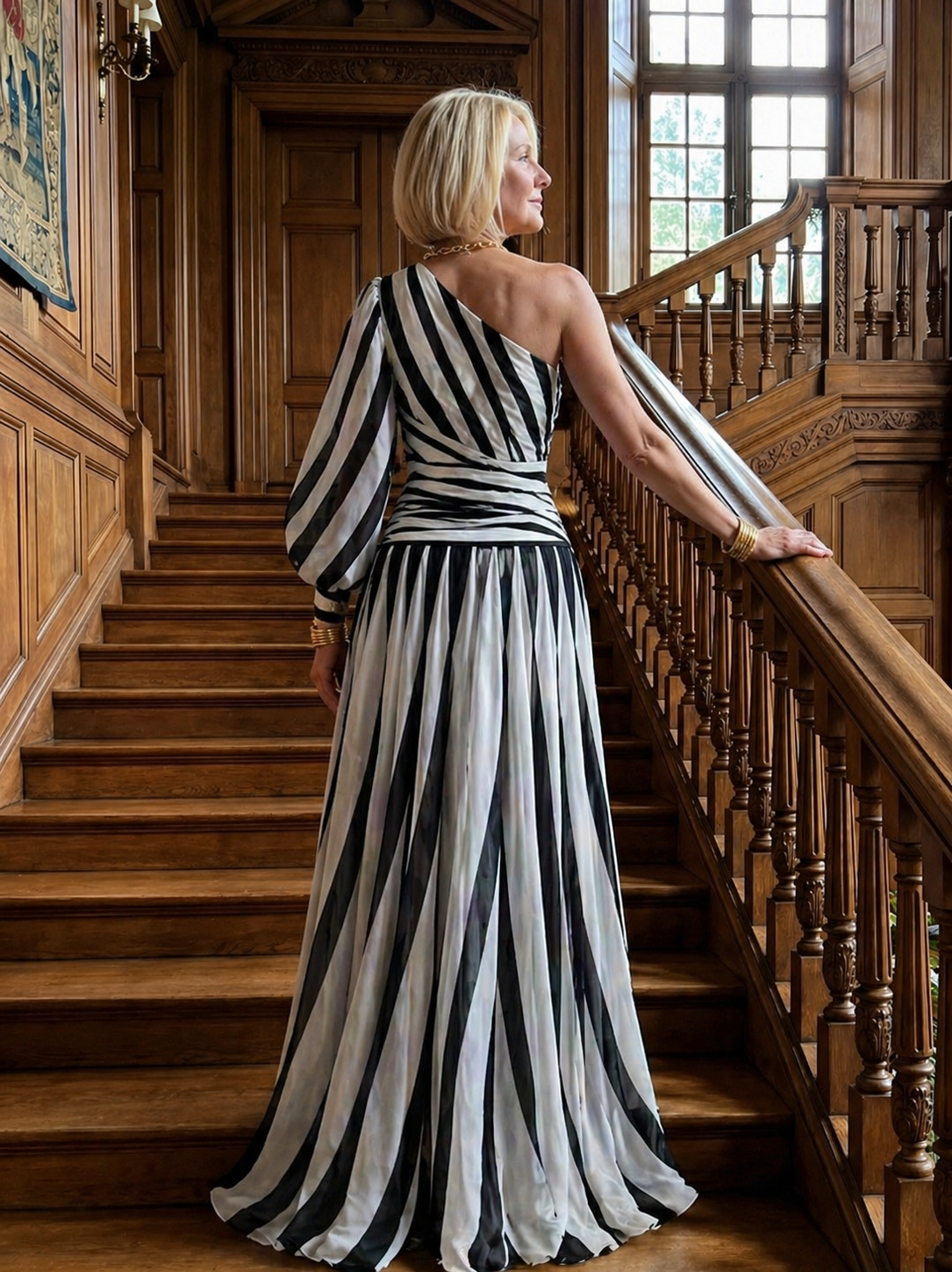 ARVELYNE™ | Elegant Striped Maxi Dress with One Shoulder
