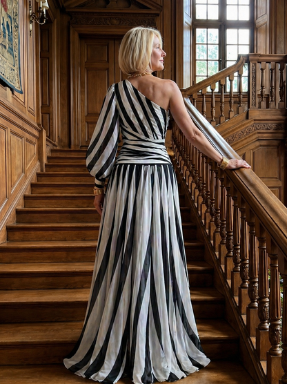 ARVELYNE™ | Elegant Striped Maxi Dress with One Shoulder