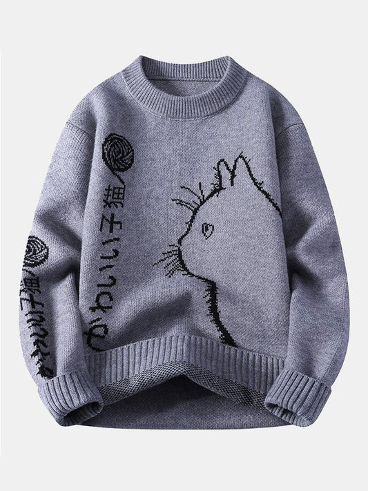 Japanese Cat Print Crew Neck Sweater