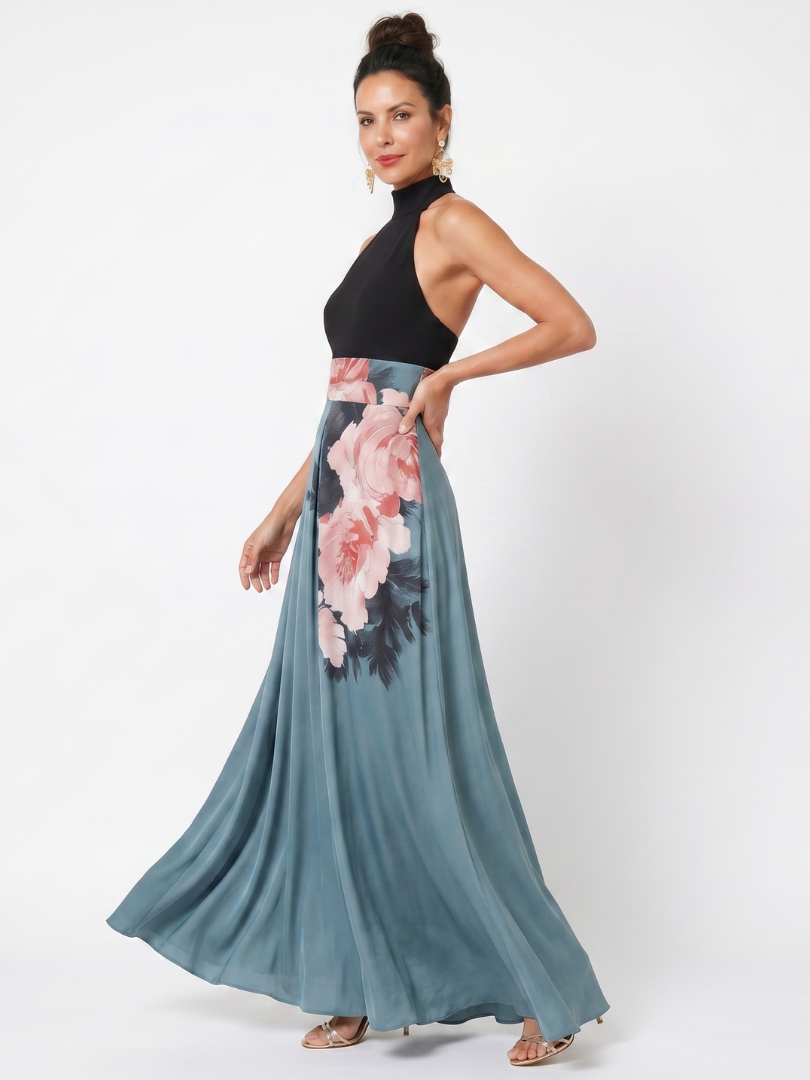 Olympas™ Halter Bodice Floral Skirt Maxi Dress