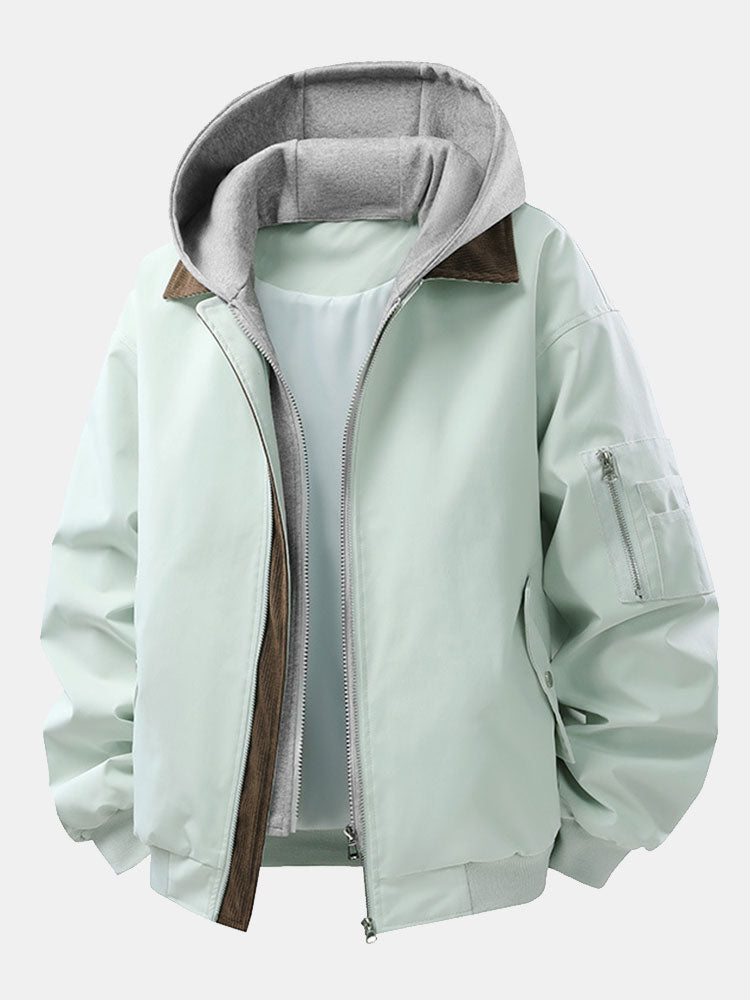 Relax Fit Contrast Corduroy Bomber Jacket With Detachable Hood