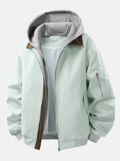 Relax Fit Contrast Corduroy Bomber Jacket With Detachable Hood