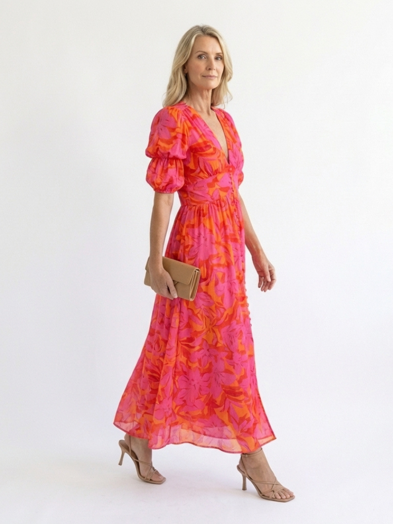 ARVELYNE™  | Floral V Neck Puff Sleeve Midi Dress