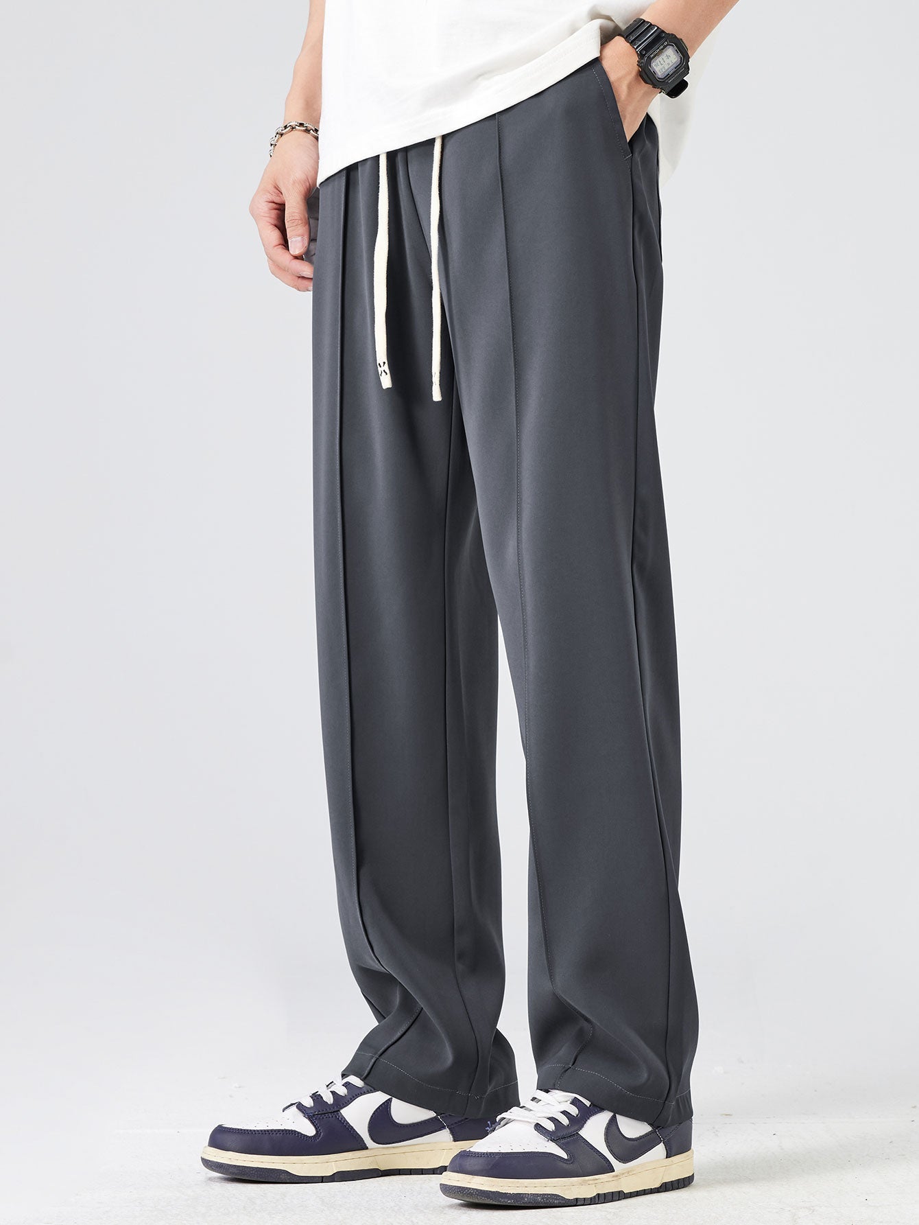 Single Pleat Drawstring Straight Leg Pants