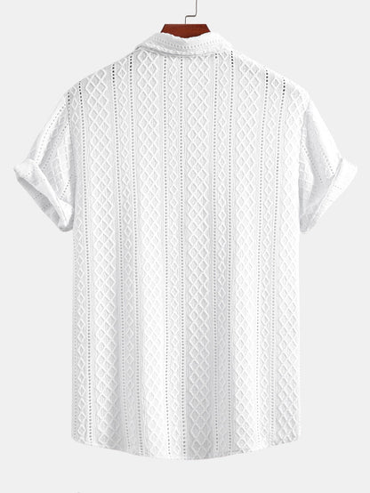 Geometry Rhombus Jacquard Button Up Shirt & Crinkle Textured Straight Leg Pants