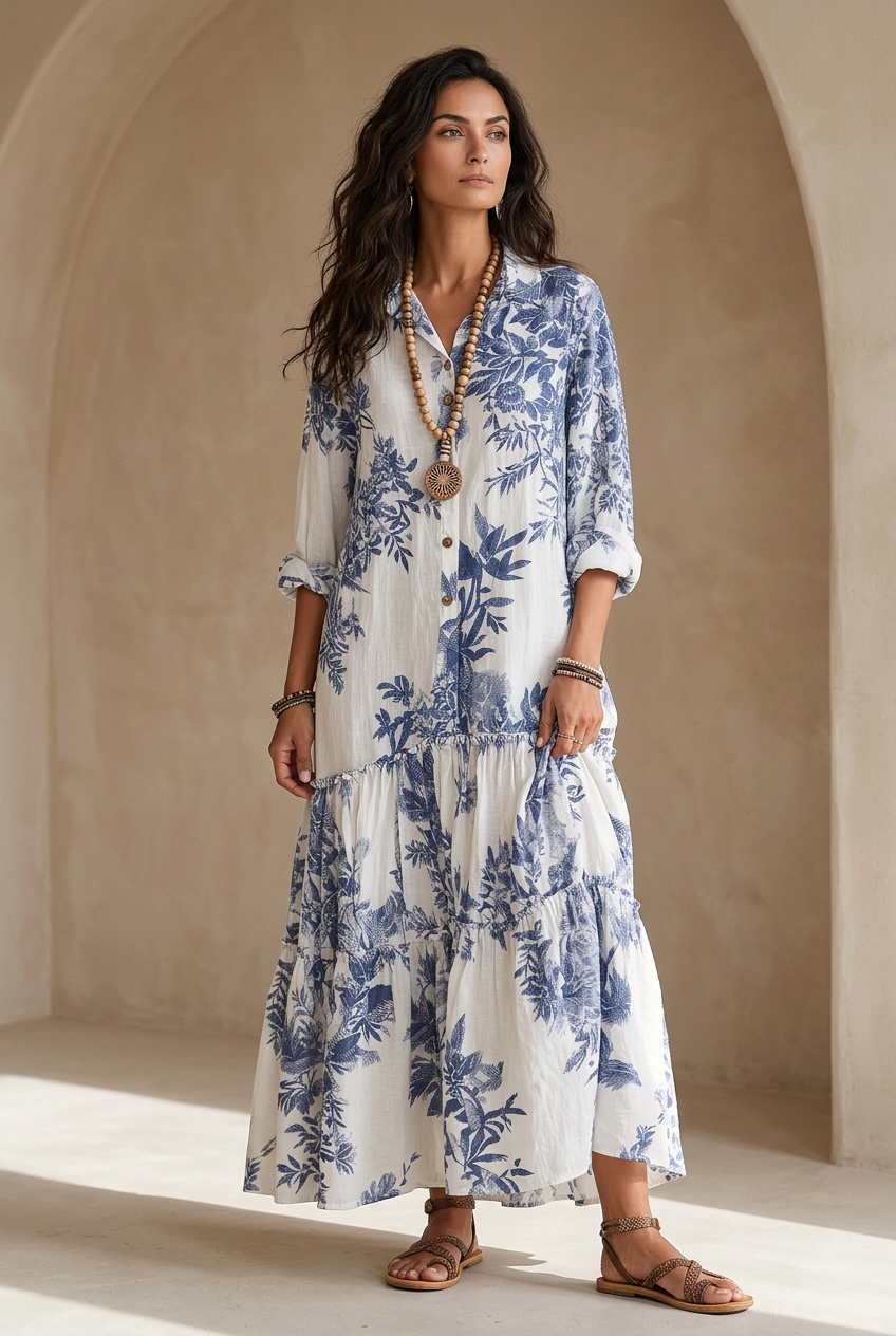 Bohemian Blue Floral Button-down Maxi Dress