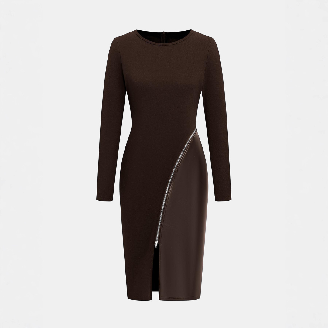 CHARENE™ - Women’s Solid Color PU Leather Patchwork Zipper Bodycon Dress