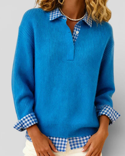 Emily – Knit Sweater with Plaid Shirt Detail