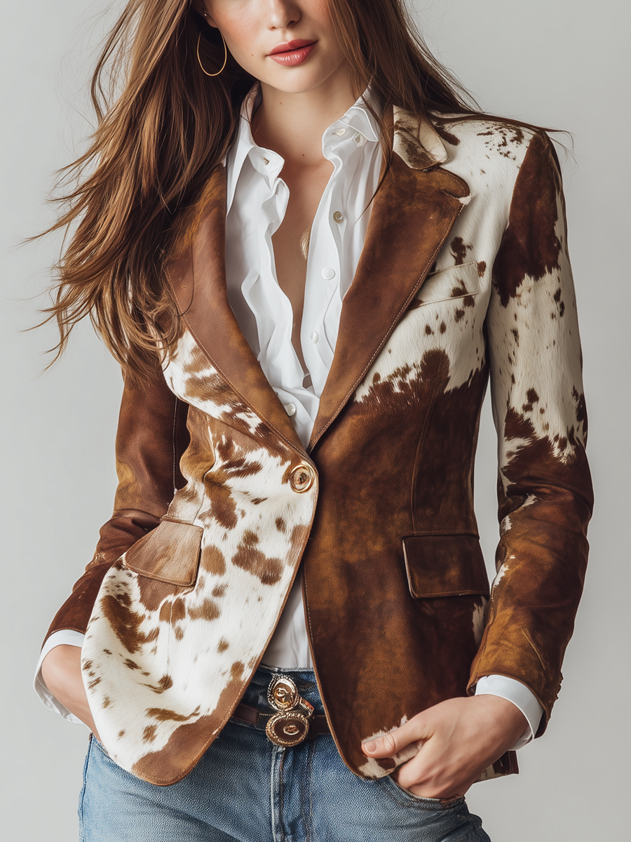 Vintage Cow Print Eco Leather Blazer
