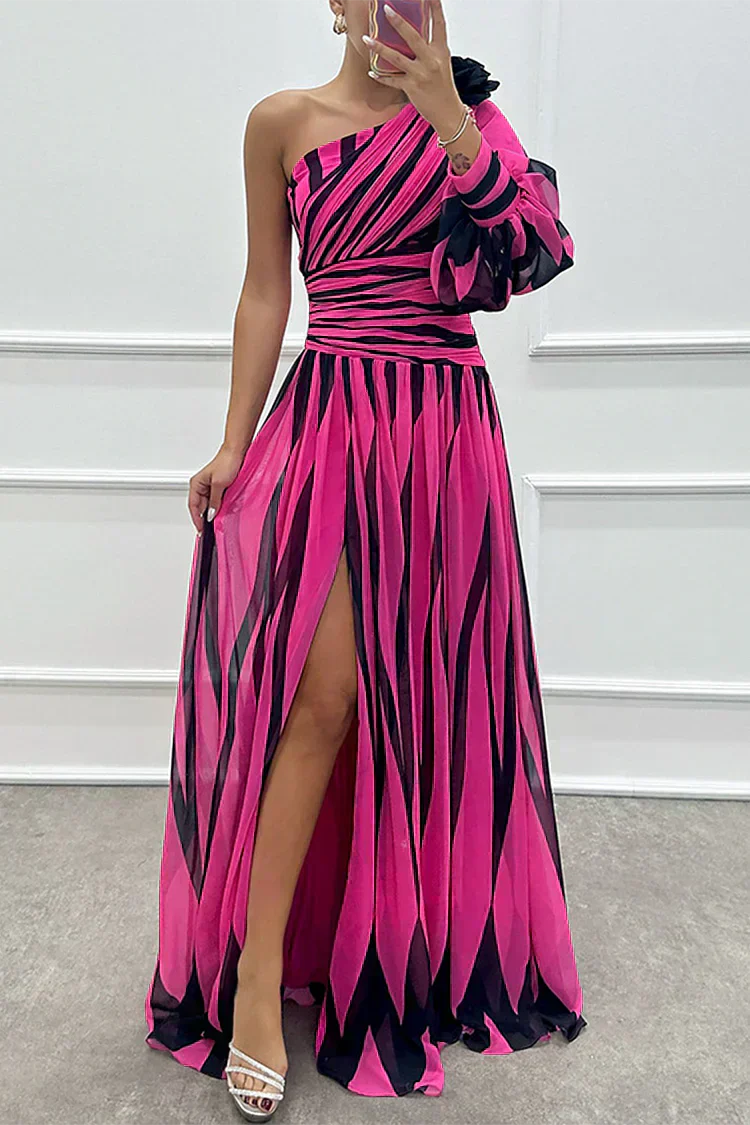 Ellis & Johnson™ | Elegant Striped Maxi Dress with One Shoulder