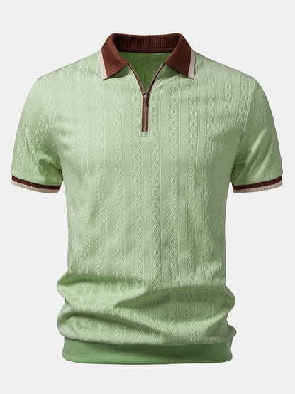 Contrast Trim Textured Zipper Knit Polo & Slim Fit Tapered Trousers