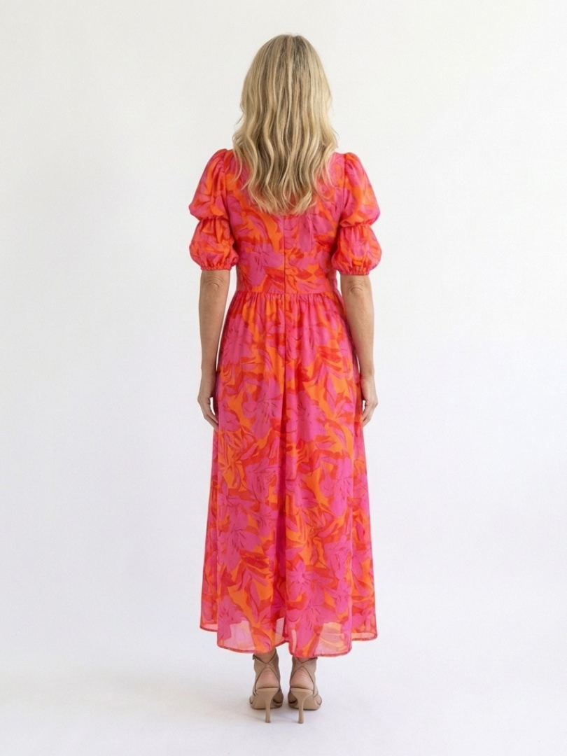 ARVELYNE™  | Floral V Neck Puff Sleeve Midi Dress