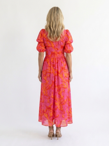 ARVELYNE™  | Floral V Neck Puff Sleeve Midi Dress