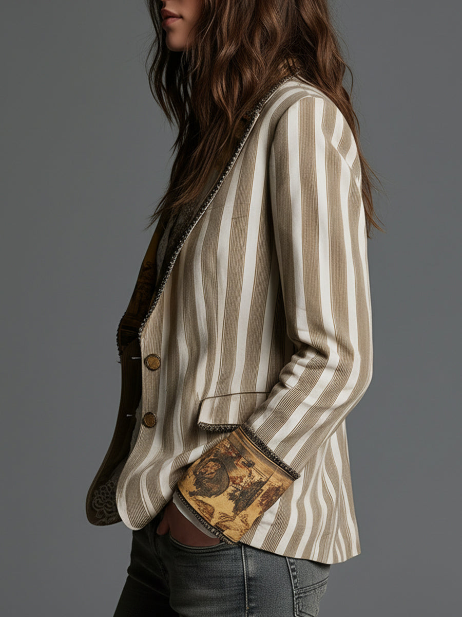 Women's Blazer with Lapels & Bohemian Striped Print