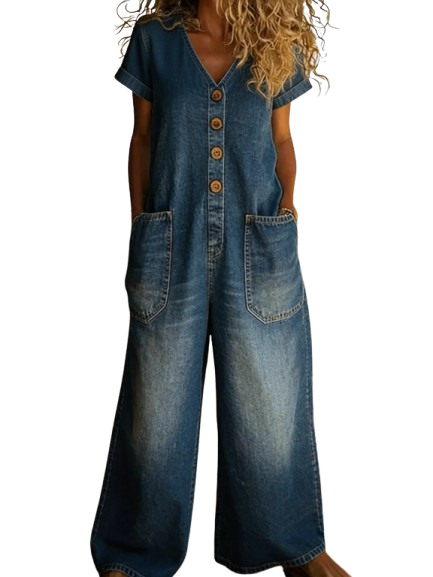 Chloe - Denim Jumpsuit with V-Neck and Short Sleeves