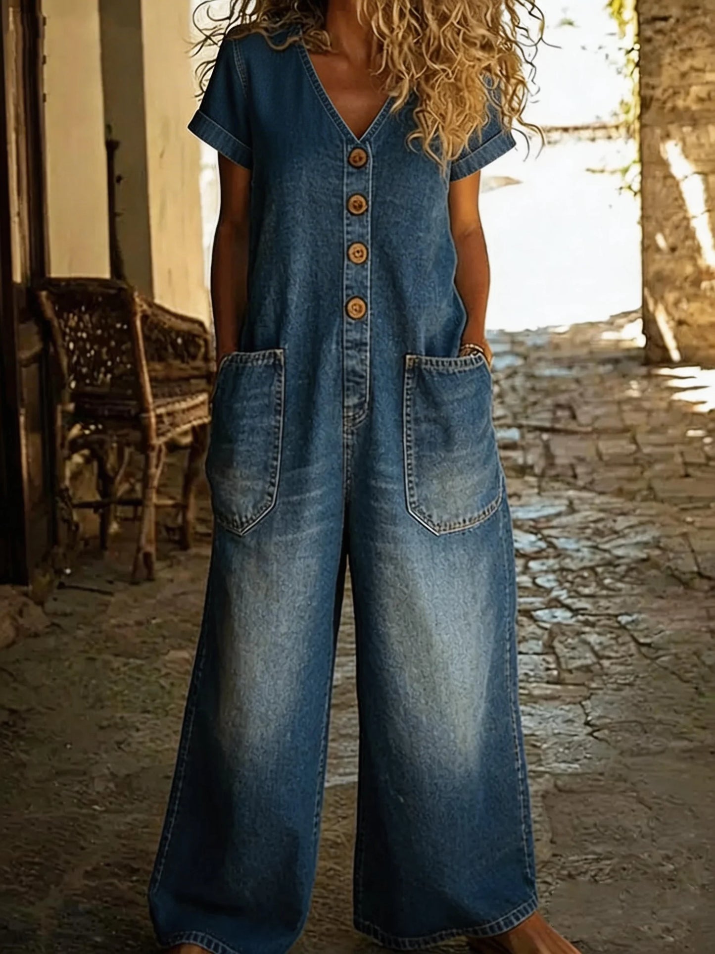 Chloe - Denim Jumpsuit with V-Neck and Short Sleeves