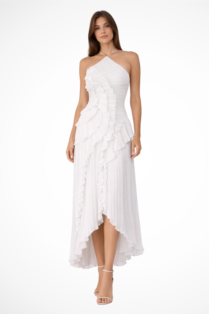 Sarah | Women’s Sleeveless Halter Backless Ruffled Maxi Summer Wedding Guest Dress
