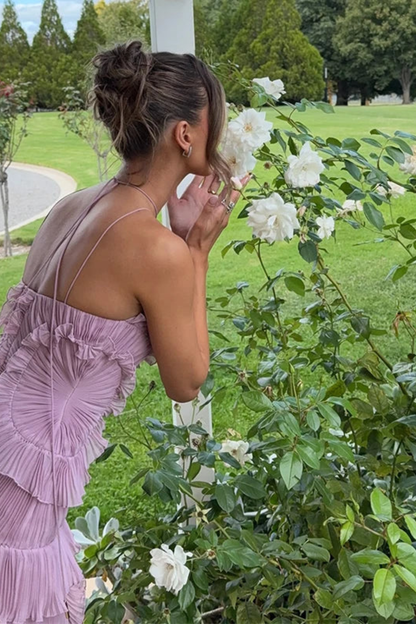 Sarah | Women’s Sleeveless Halter Backless Ruffled Maxi Summer Wedding Guest Dress