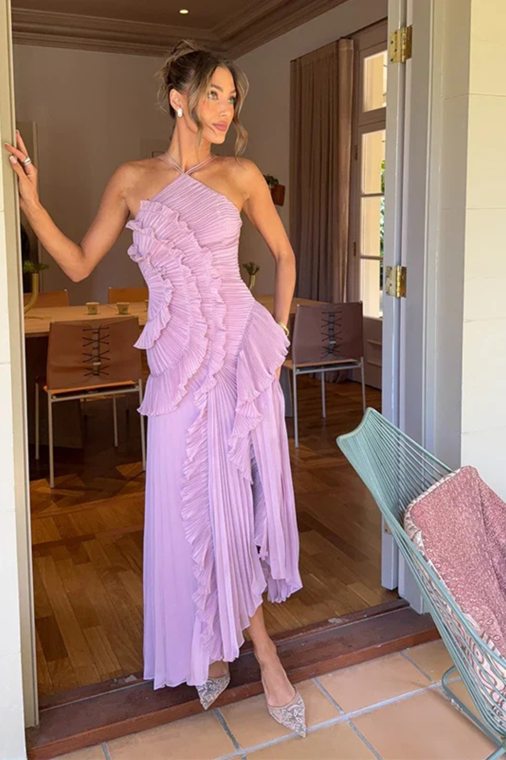 Sarah | Women’s Sleeveless Halter Backless Ruffled Maxi Summer Wedding Guest Dress