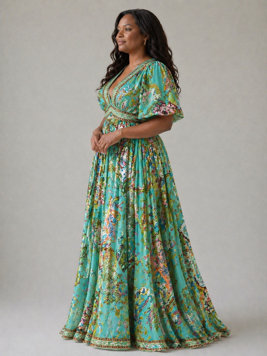 Edyth™  | Airy maxi dress with puff sleeves and V-neck