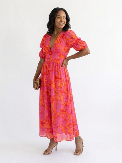 ARVELYNE™  | Floral V Neck Puff Sleeve Midi Dress