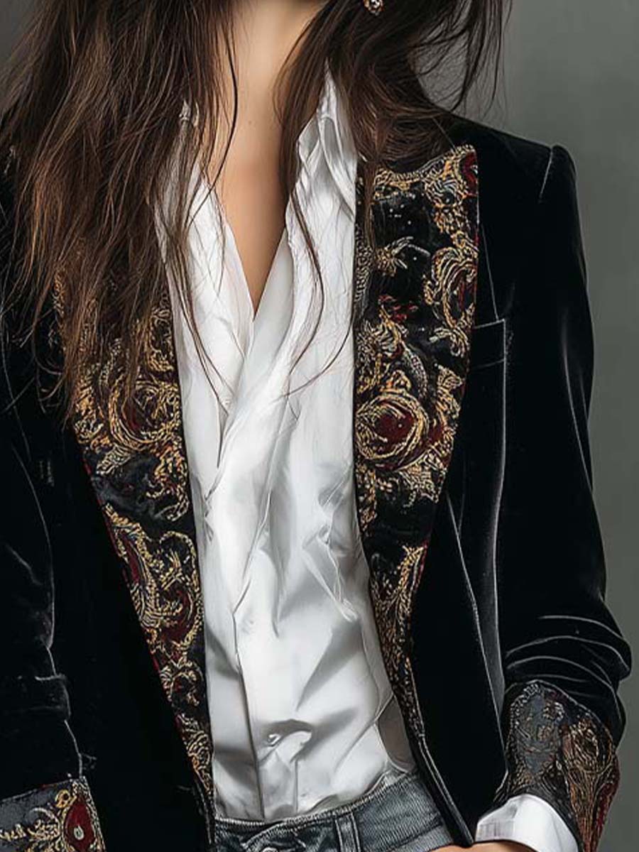 Black Slim-Fit Women's Blazer with Lapels & Baroque Print
