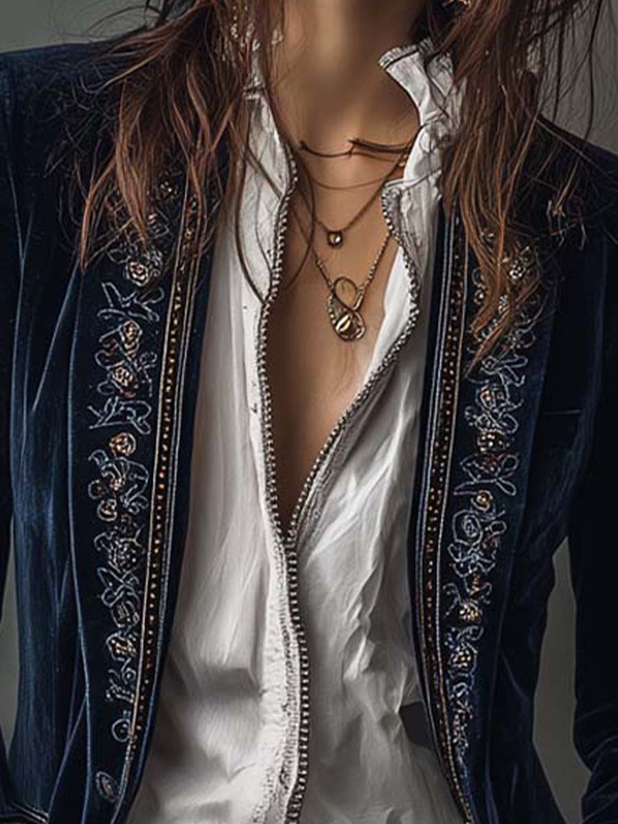Navy Blue Vintage Embroidered Long Jacket