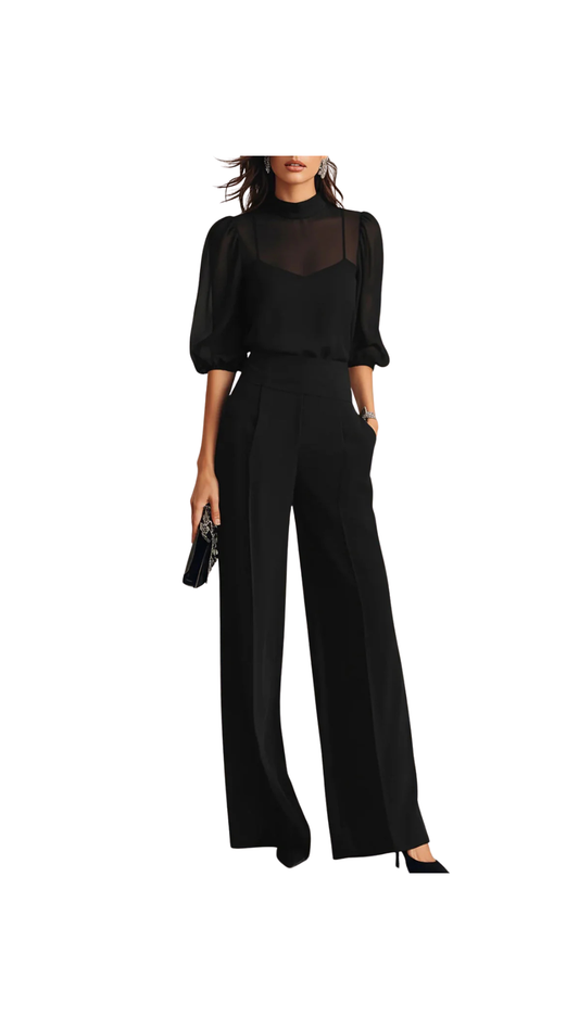 Black Sheer Camisole Top And Wide-leg Pants Three-piece Set