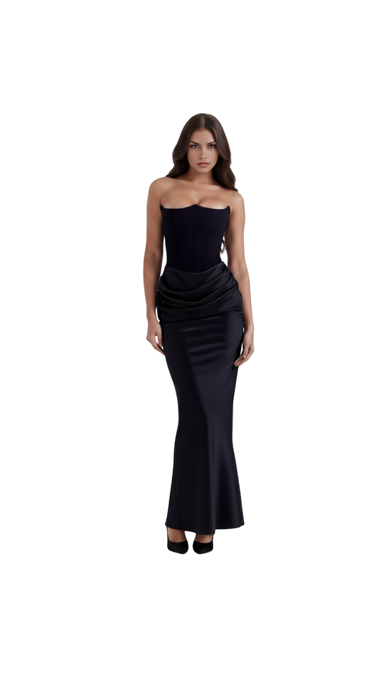 Emily - Black Maxi Dress with Sculpted Strapless Corset