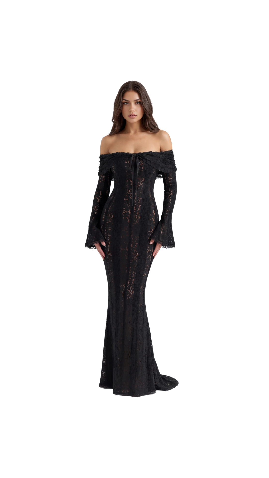Chloe - Black Lace Maxi Dress with Off-Shoulder Neckline & Sweeping Godet