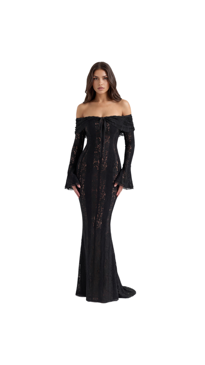 Chloe - Black Lace Maxi Dress with Off-Shoulder Neckline & Sweeping Godet