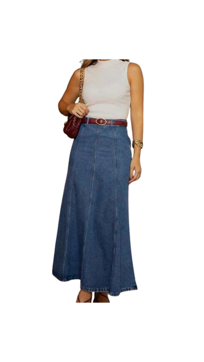 Mia – High-Waisted A-Line Midi Denim Skirt