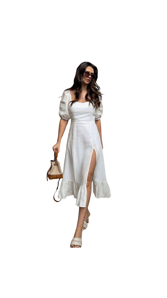 Puff Sleeve Split Hem Midi Dress