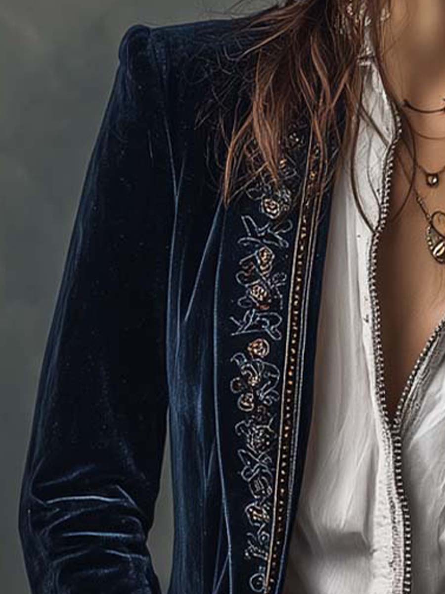 Navy Blue Vintage Embroidered Long Jacket