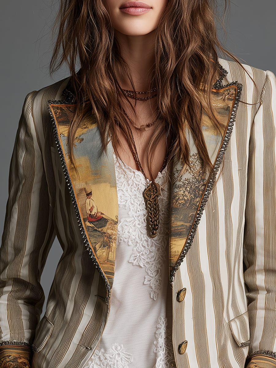 Women's Blazer with Lapels & Bohemian Striped Print