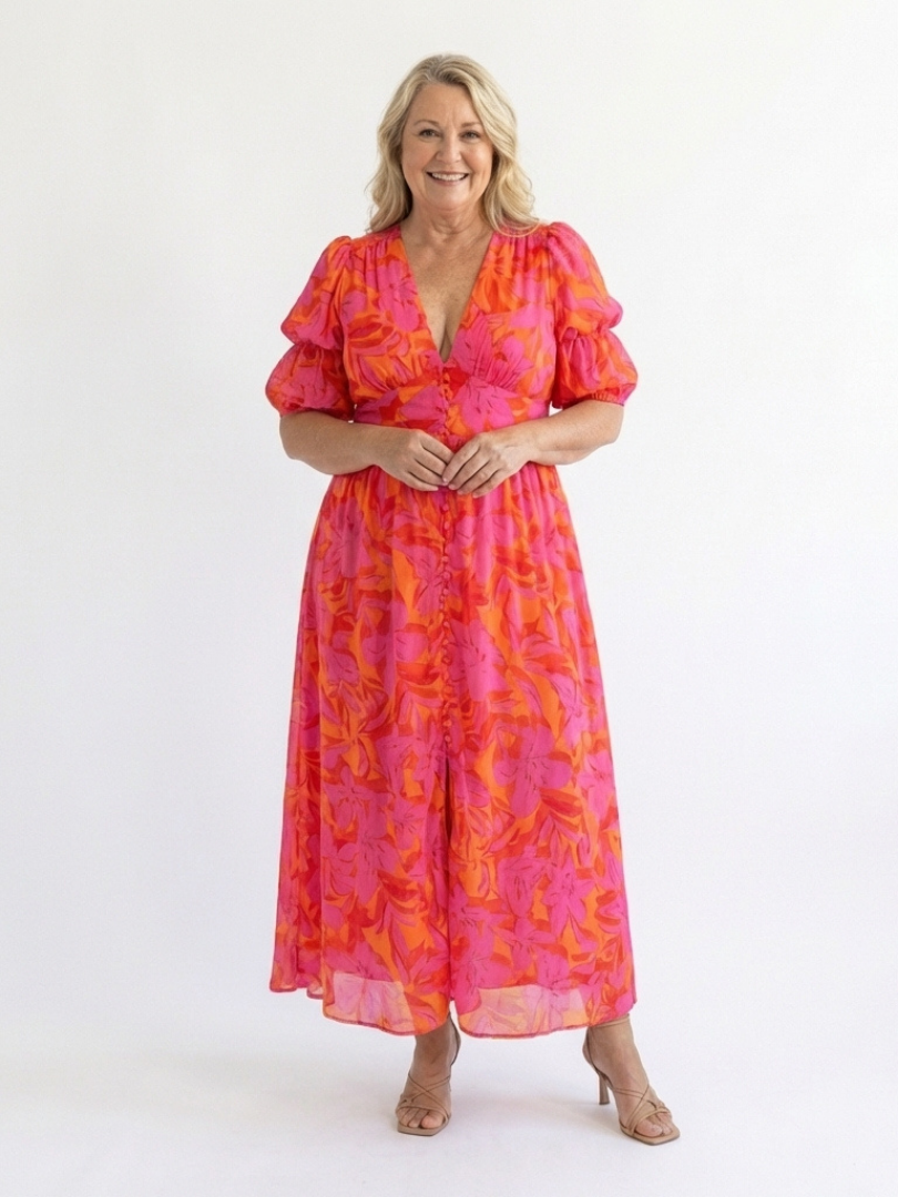 Ellis & Johnson™  | Floral V Neck Puff Sleeve Midi Dress