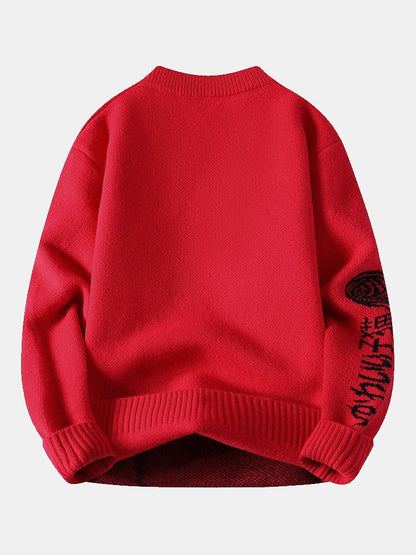 Japanese Cat Print Crew Neck Sweater