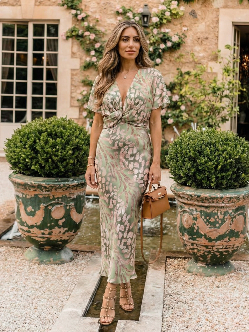 Bethany™  | Abstract Print V Neck Twist Waist Midi Dress