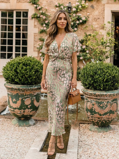 ARVELYNE™  | Abstract Print V Neck Twist Waist Midi Dress