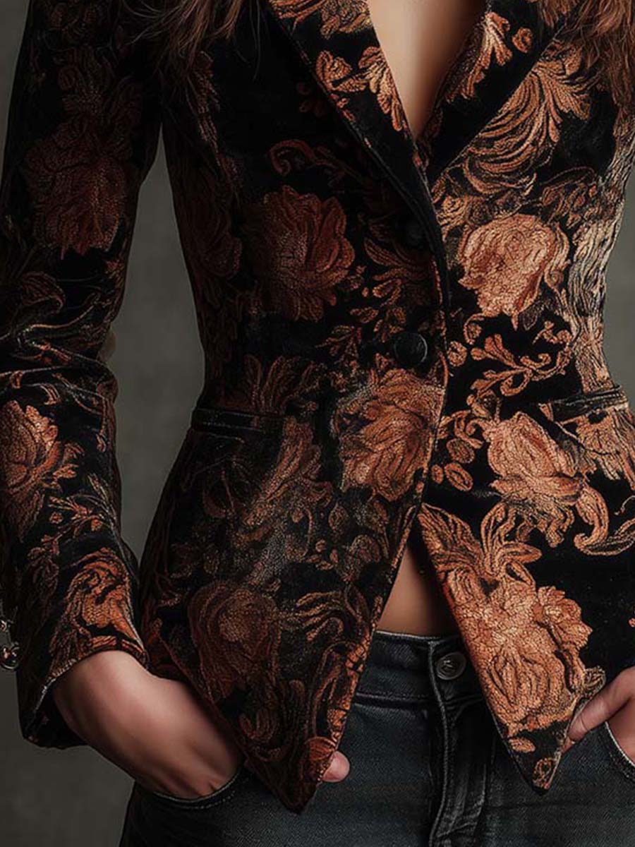 Women's Tailored Black & Bronze Floral Print Blazer