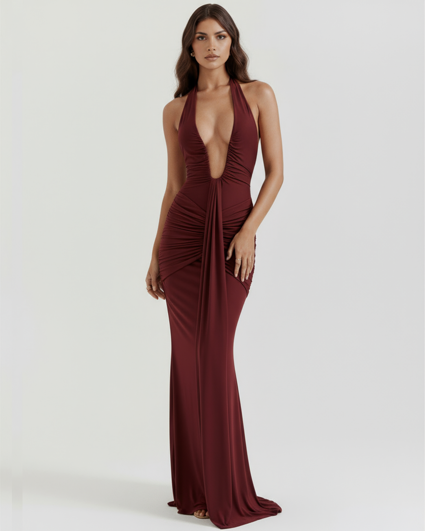 Lily - Burgundy Jersey Maxi Dress with Plunging Halter Neckline & U-Wire Detail