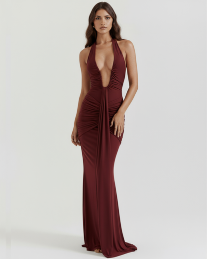 Lily - Burgundy Jersey Maxi Dress with Plunging Halter Neckline & U-Wire Detail