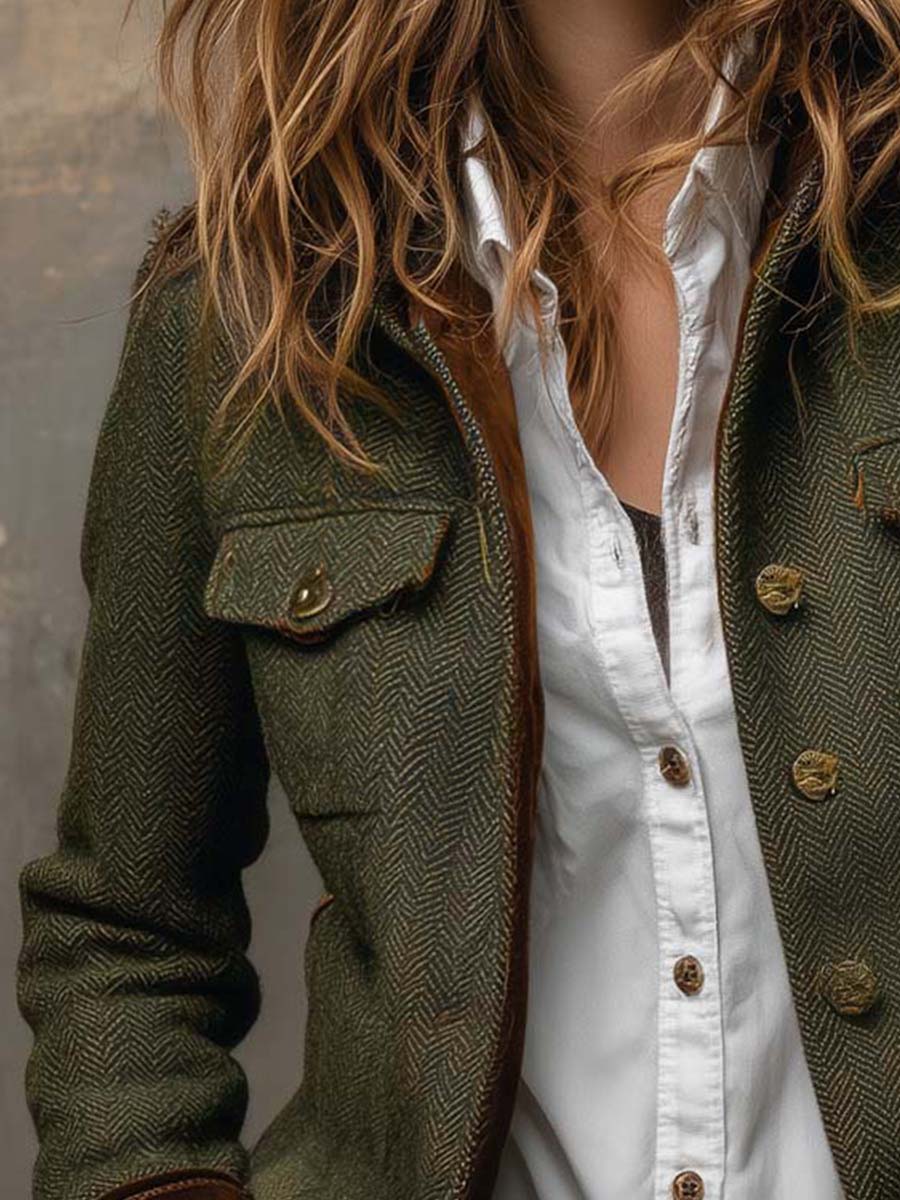 Vintage Women's Herringbone Blazer with Contrast Trim