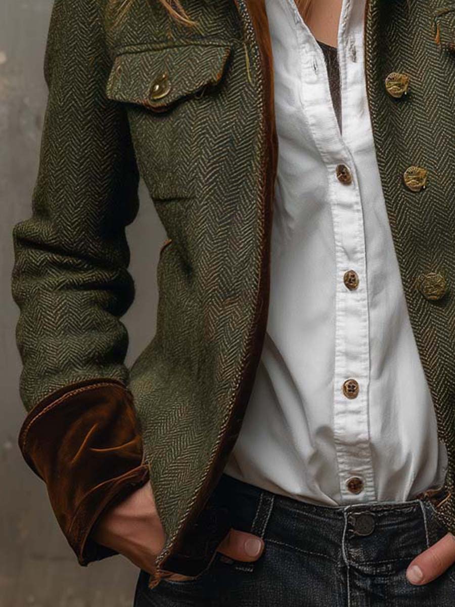 Vintage Women's Herringbone Blazer with Contrast Trim