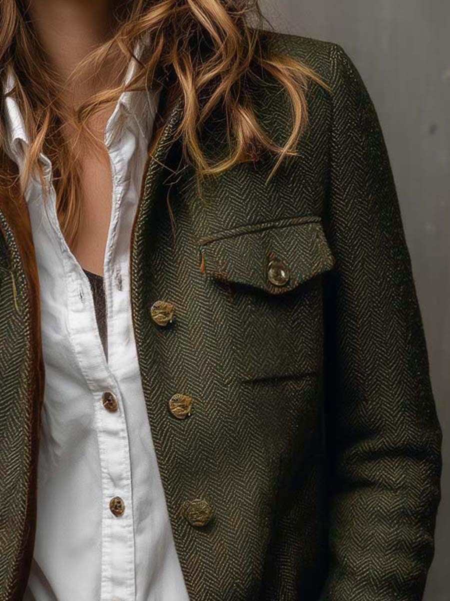 Vintage Women's Herringbone Blazer with Contrast Trim