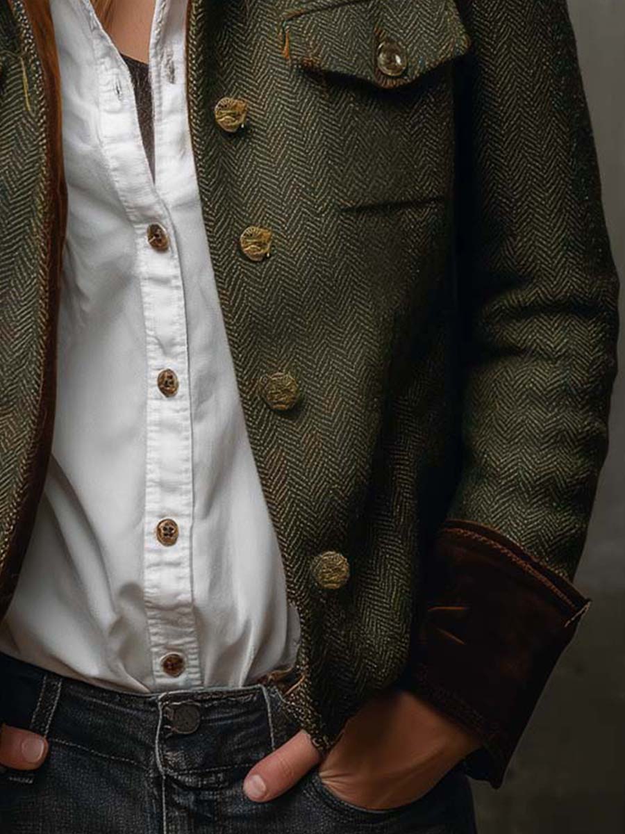 Vintage Women's Herringbone Blazer with Contrast Trim